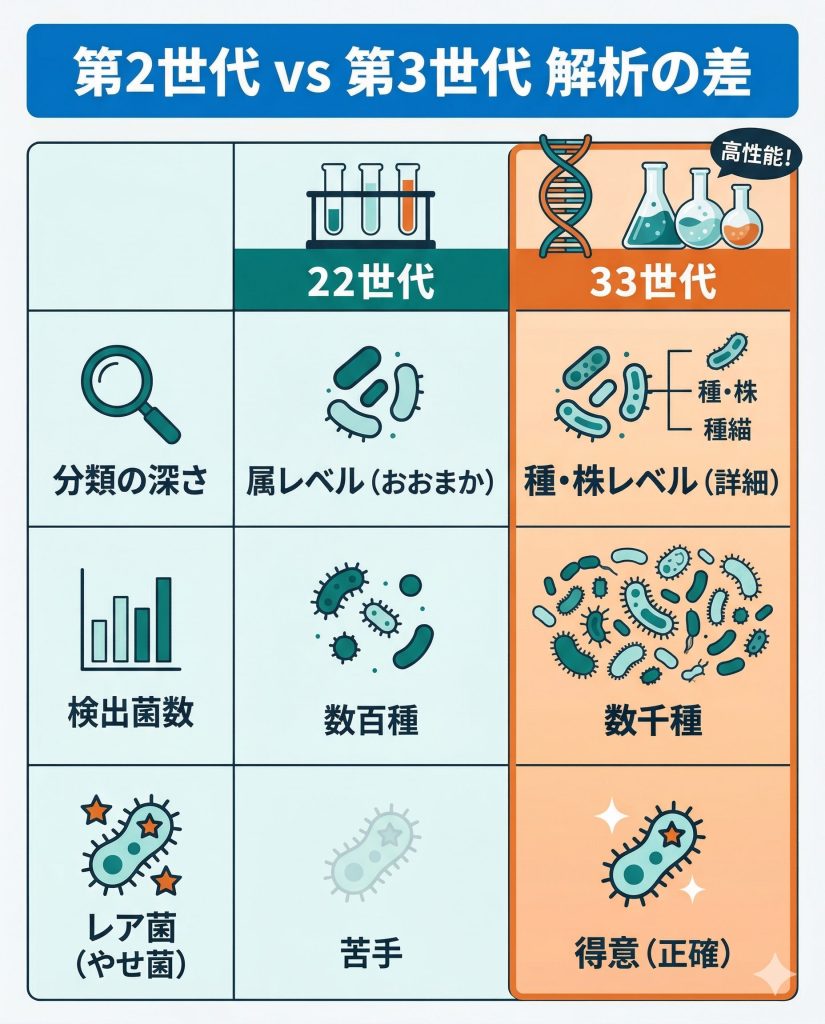 腸内フローラ検査の第2世代（16S解析）と第3世代（ショットガン解析）の比較表。分類の深さや検出菌数の違いを明記。