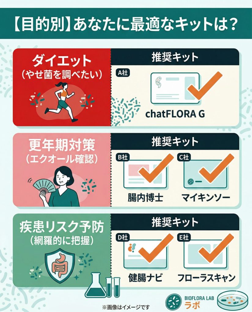 目的別の腸内フローラ検査選び分け図解。ダイエット、更年期対策、疾患リスク予防に応じた推奨キットを紹介。