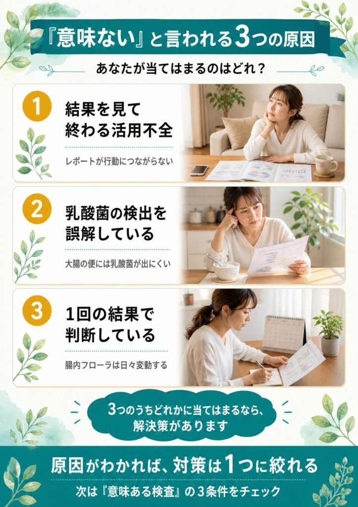 腸内フローラ検査を意味ないと感じる3つの原因（活用不全・乳酸菌の誤解・1回判断）を実写つきで解説する図解