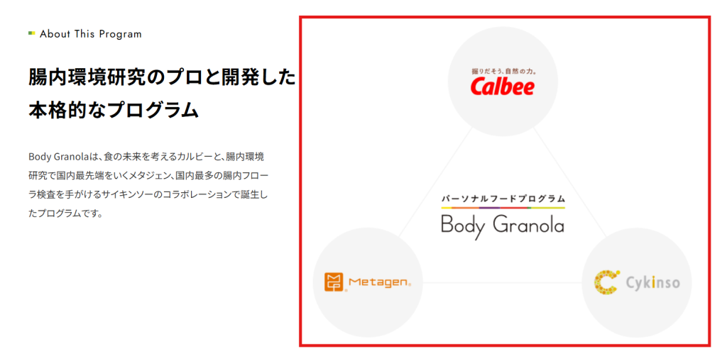 カルビー、サイキンソー、メタジェン3社共同開発を示す公式サイトのクレジット表記
