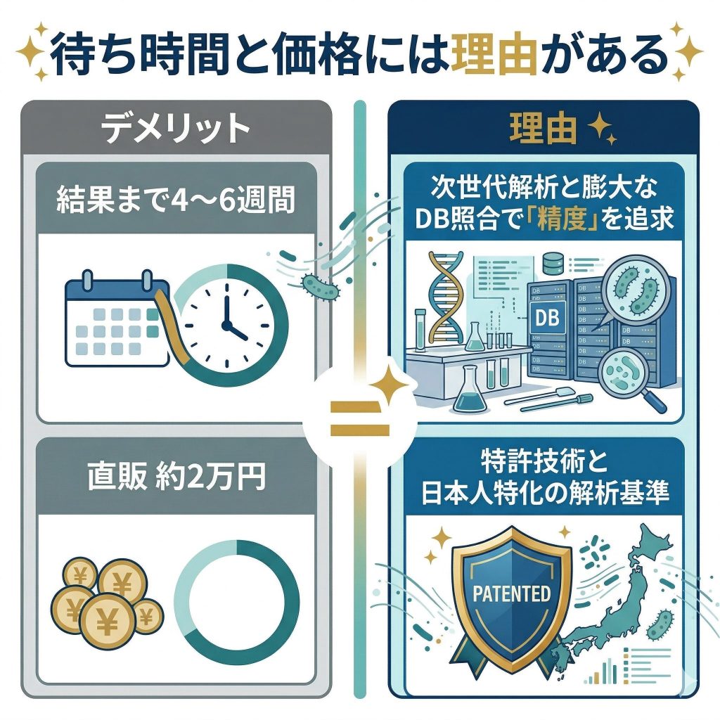フローラスキャンの待ち時間と価格の理由。高精度な解析と日本人特化データの照合のために必要なコストであることを解説。