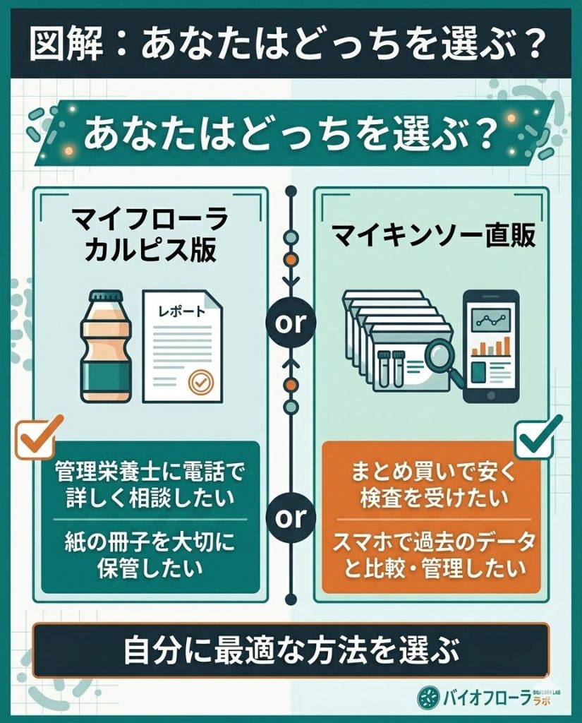 マイフローラ カルピス版とマイキンソー直販のどちらが向いているかのチェックリスト。相談重視かコスト重視かで判定。
