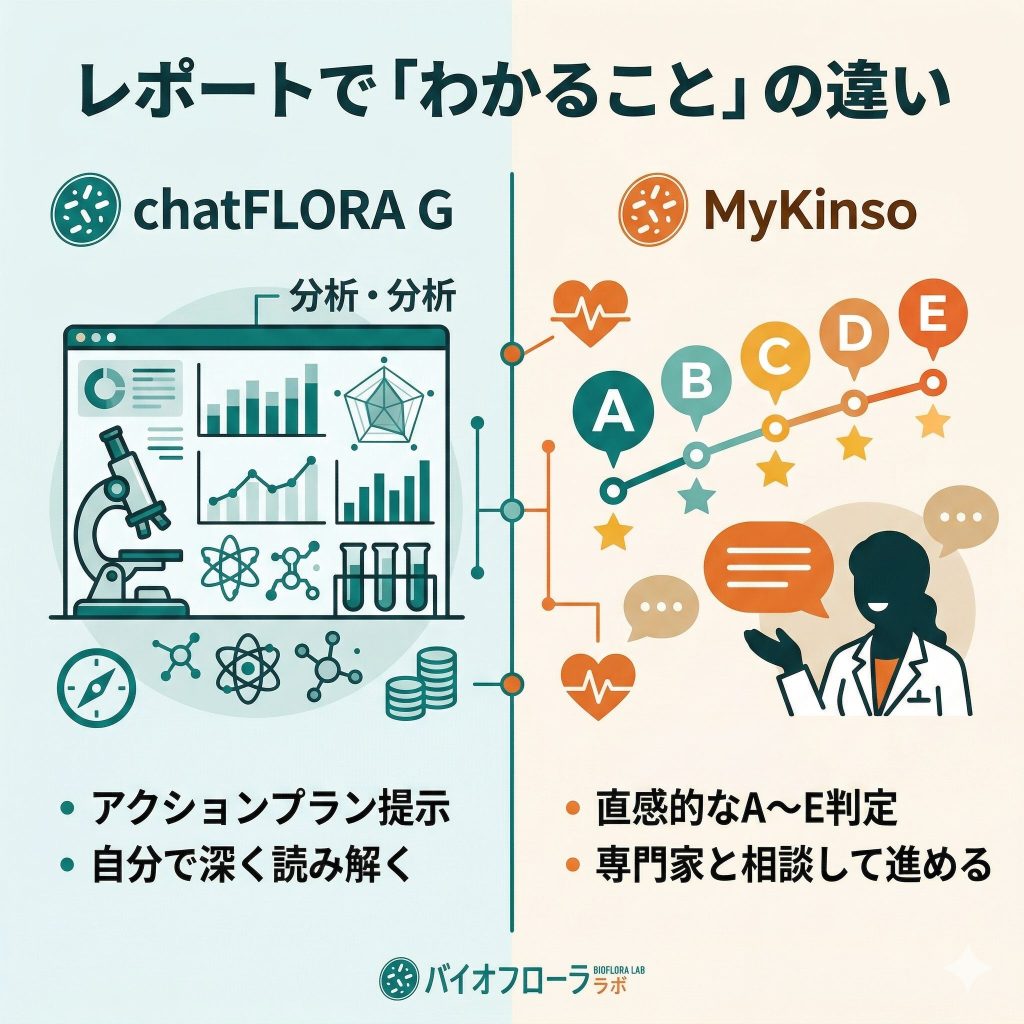 chatFLORA Gとマイキンソーのレポート形式の違い。詳細データ重視か、判定とサポート重視かの比較。