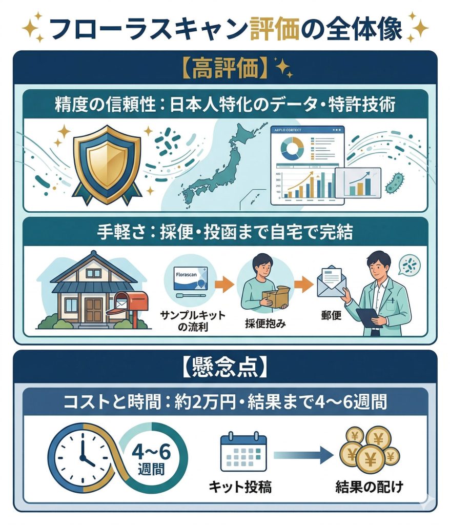 フローラスキャンの総合評価まとめ。精度の信頼性と手軽さが高評価な一方、価格と待ち時間が懸念点であることを示す図解。