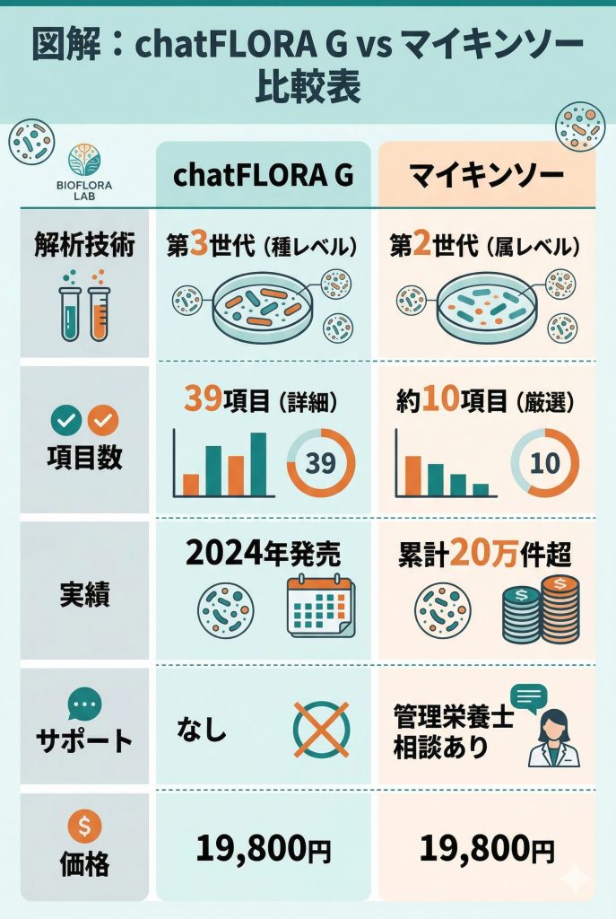 chatFLORA Gとマイキンソーの比較表。解析技術、項目数、実績、サポート、価格の違いを整理。