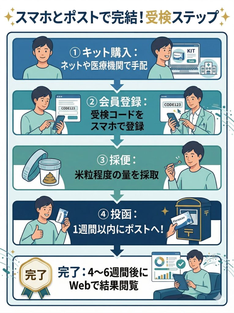 フローラスキャンの受検ステップ図解。キット購入から会員登録、採便、ポスト投函までの流れを説明。