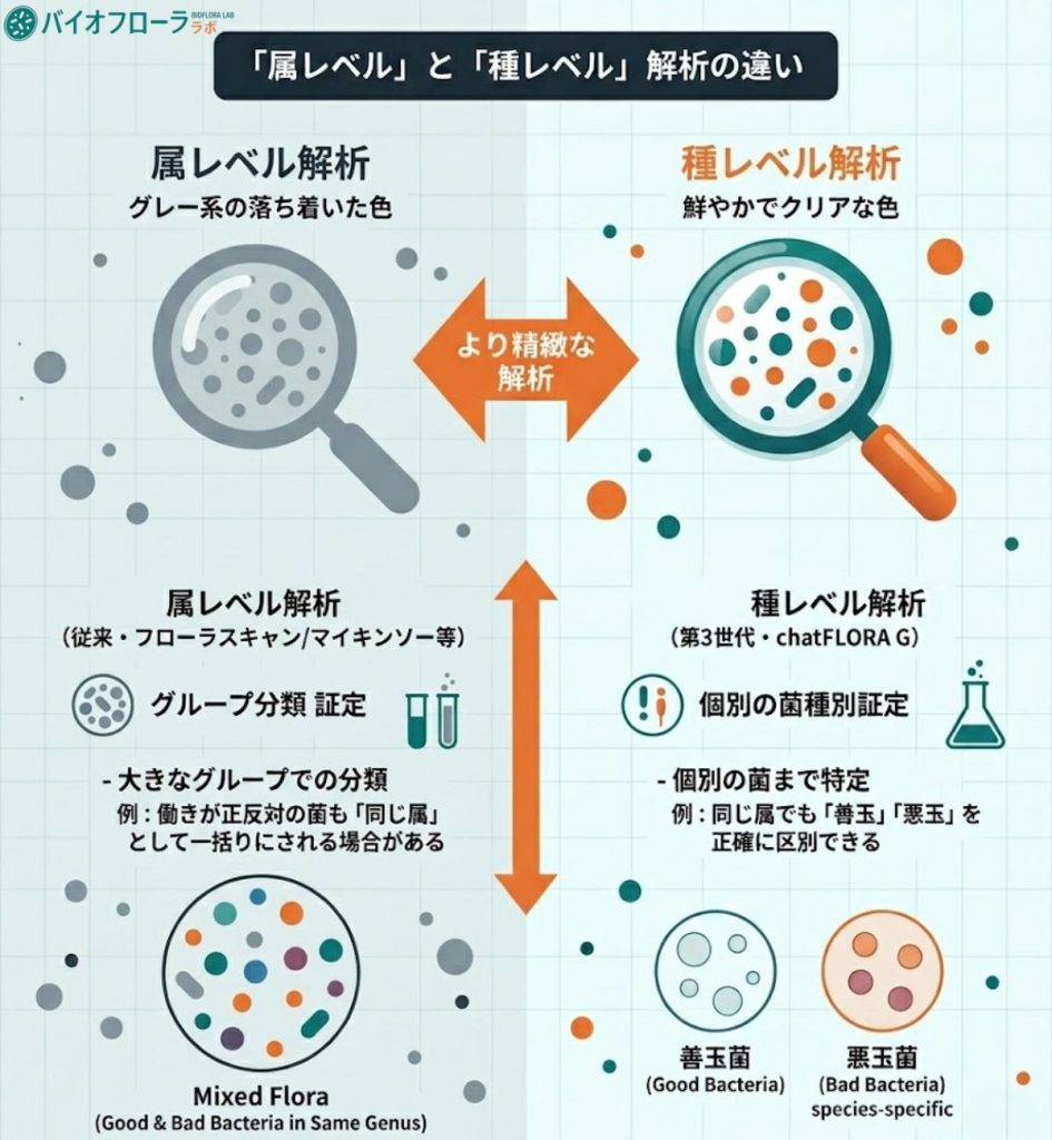 属レベルと種レベルの解析の違いを比較。従来の大まかな分類と、第3世代解析による個別の菌を特定する精度の差を図解