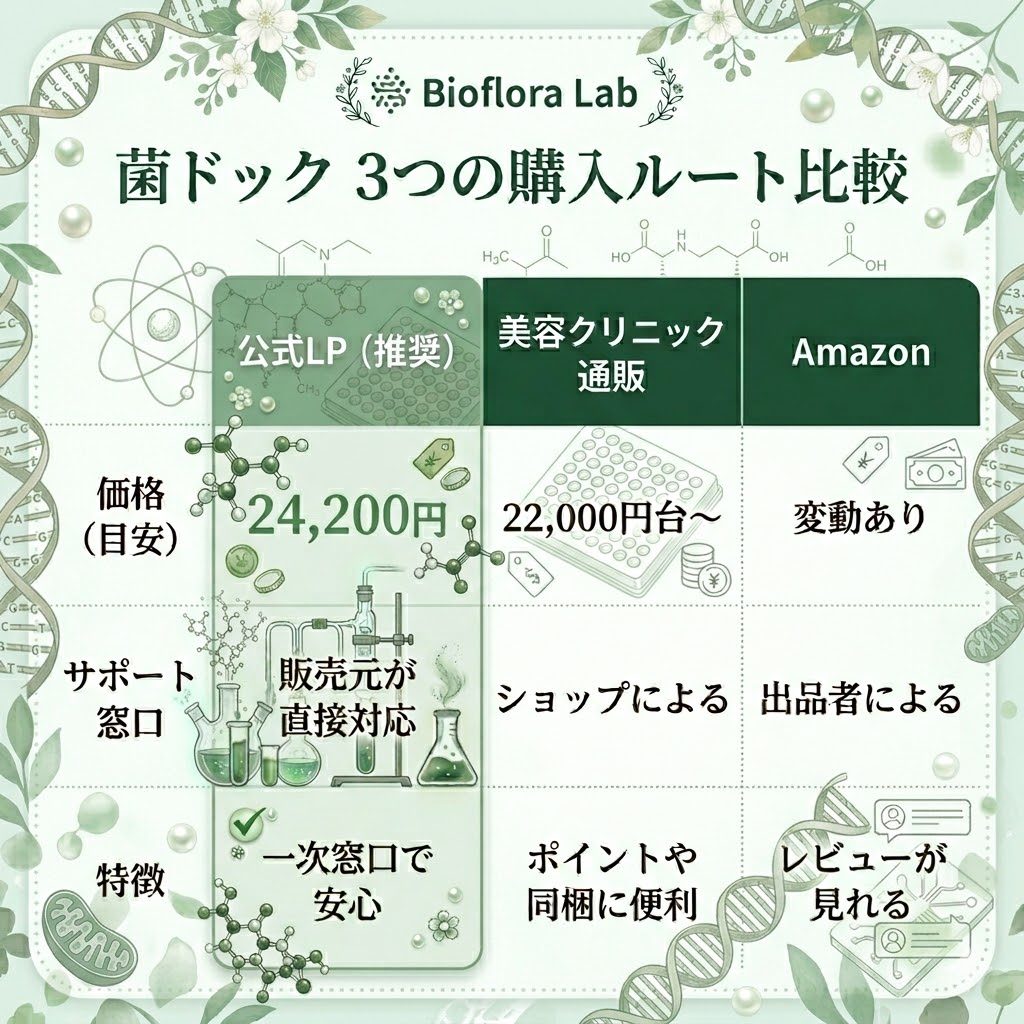 菌ドックの購入ルート比較表。公式LP、美容クリニック通販、Amazonの価格目安とサポート体制の違いを比較