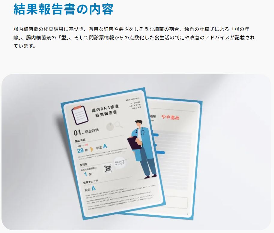 腸年齢や多様性指数など詳細な項目が記載される菌ドック公式のレポートサンプル解説