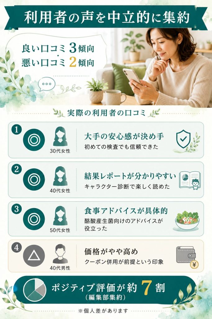 健腸計画の良い口コミ3傾向と悪い口コミ1傾向を中立的に集約した図解