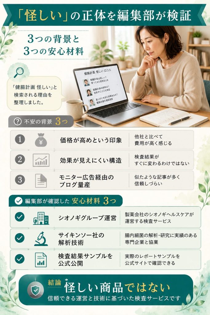健腸計画が怪しいと検索される3つの背景と編集部が確認した3つの安心材料