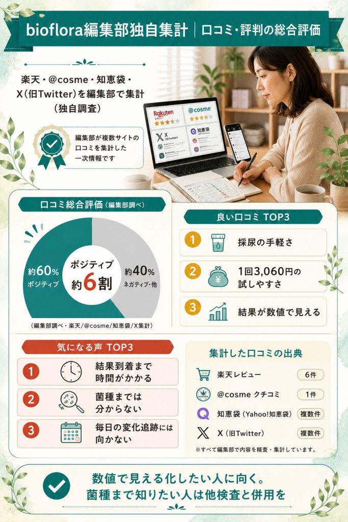 bioflora編集部が楽天・@cosme・知恵袋・Xを独自集計した結果、ポジティブ約6割という総合評価