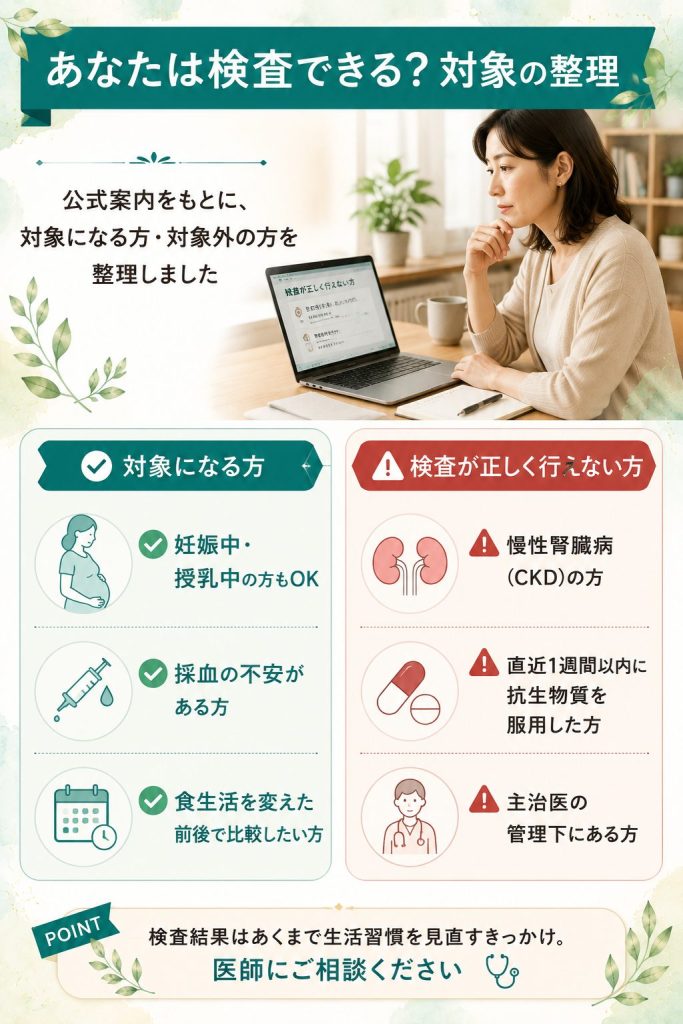 検査対象になる方と検査が正しく行えない方（CKD・抗生物質服用中など）を2列対比