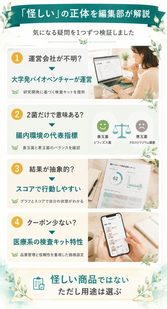 ビフィチェックが怪しいと検索される4つの疑念と編集部の回答を整理した解説図