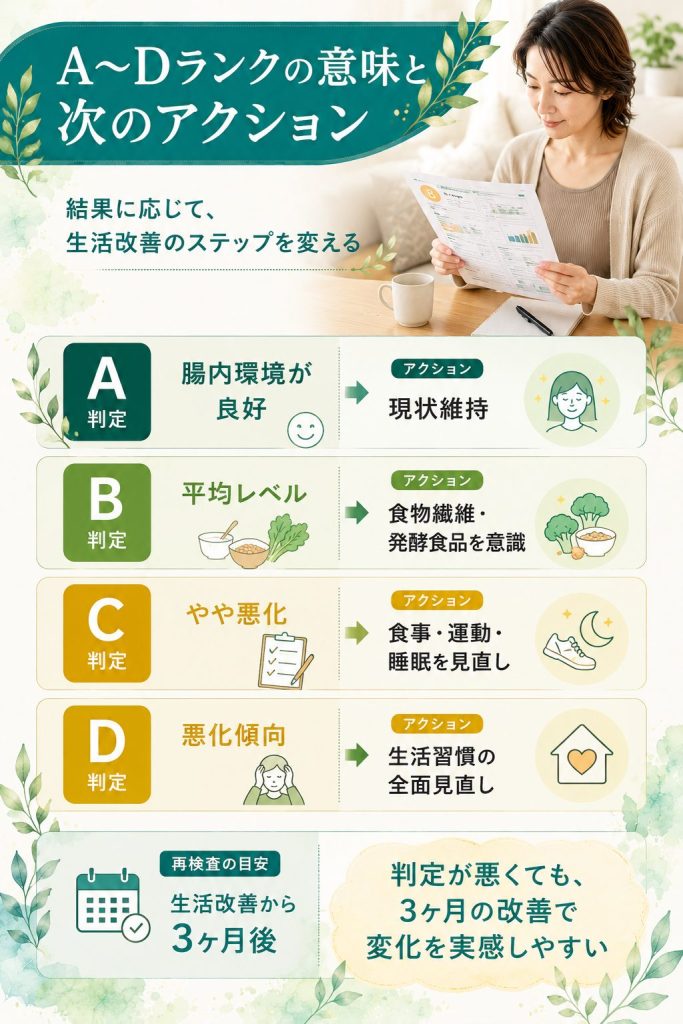 A〜D判定の意味と判定別の次のアクション。判定が悪くても3ヶ月の生活改善で変化を実感しやすい