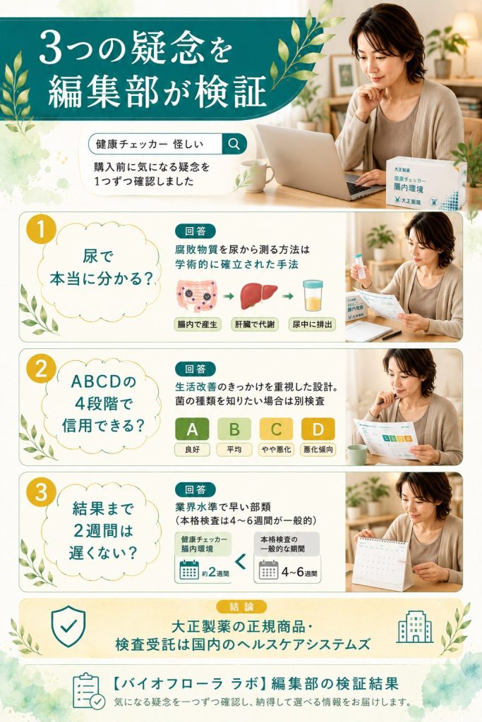 健康チェッカー腸内環境の3つの疑念を編集部が検証。尿検査の妥当性・4段階判定・2週間納期