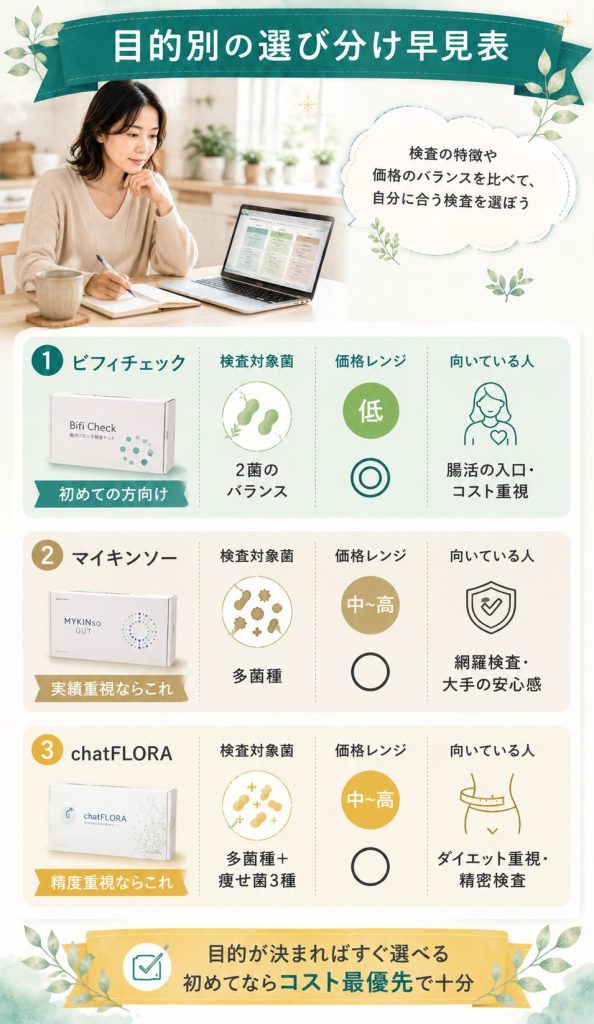 ビフィチェック・マイキンソー・chatFLORAの3社を検査対象菌と価格レンジで比較した早見表