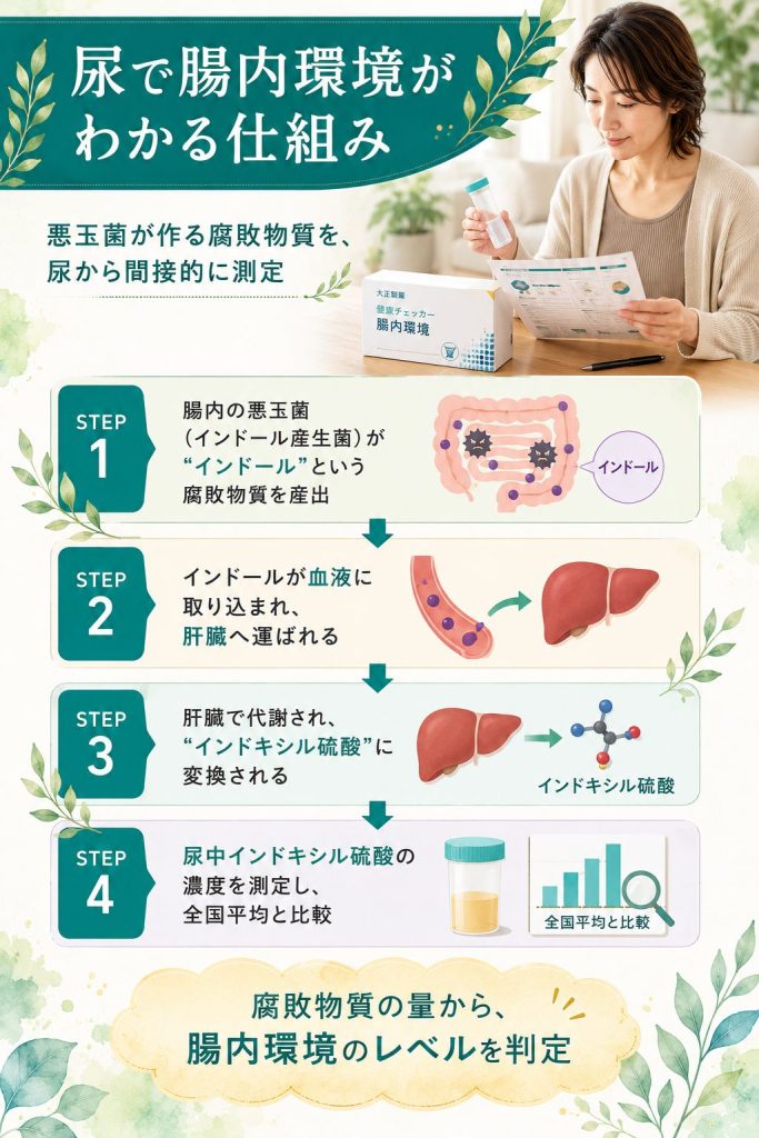 尿で腸内環境がわかる仕組み。インドール産生菌→肝臓代謝→尿中インドキシル硫酸測定の4ステップ