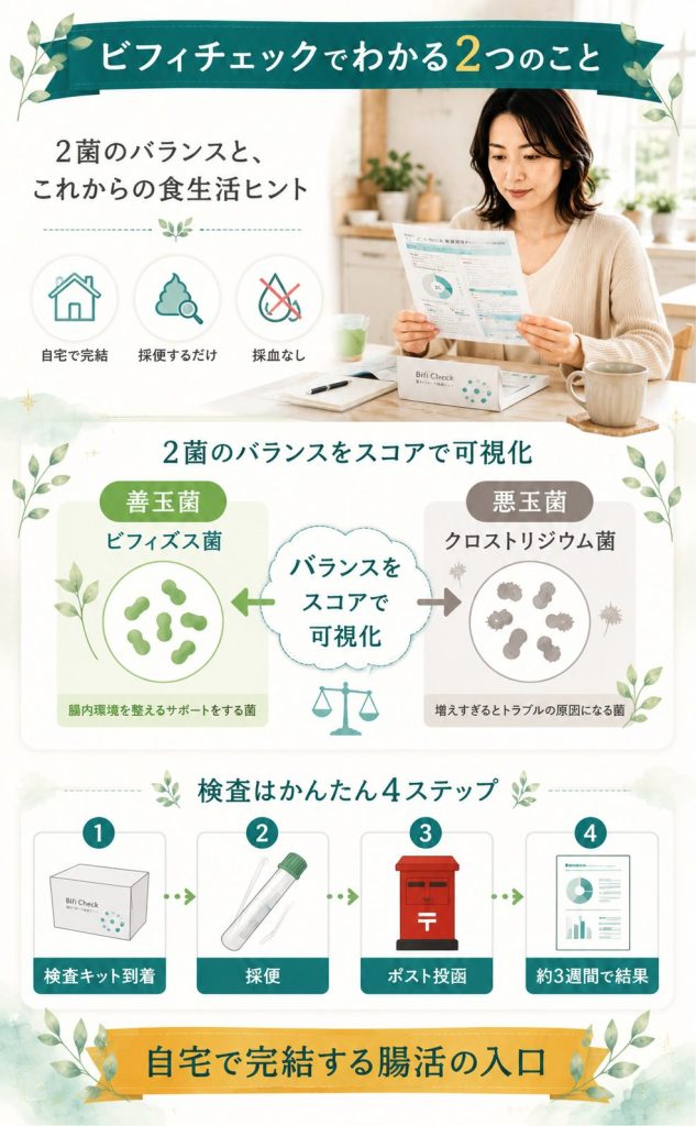 ビフィチェックの2菌バランス検査と採便から結果通知までの4ステップフロー図