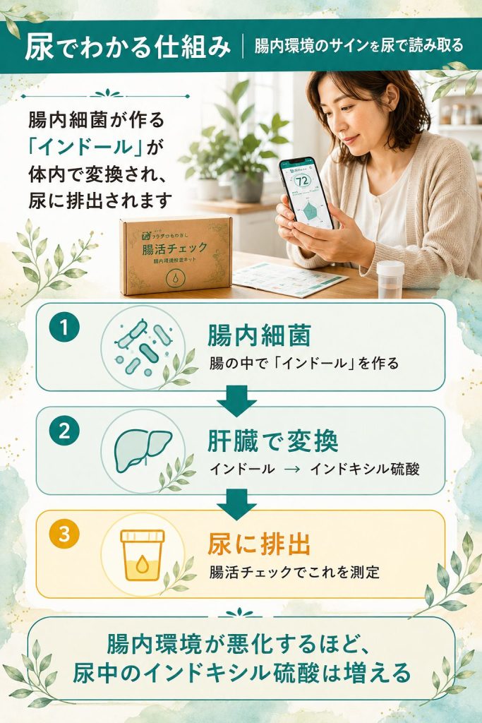 腸内細菌→インドール→インドキシル硫酸→尿に排出という腸活チェックの仕組みを3段階フローで図解