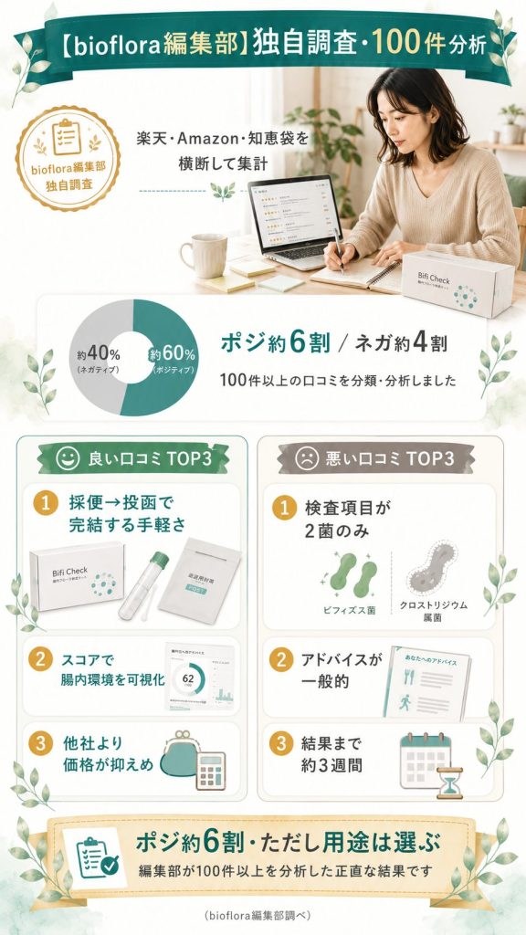 bioflora編集部が楽天・Amazon・知恵袋から口コミ100件を集計したポジネガ比率と良悪口コミTOP3