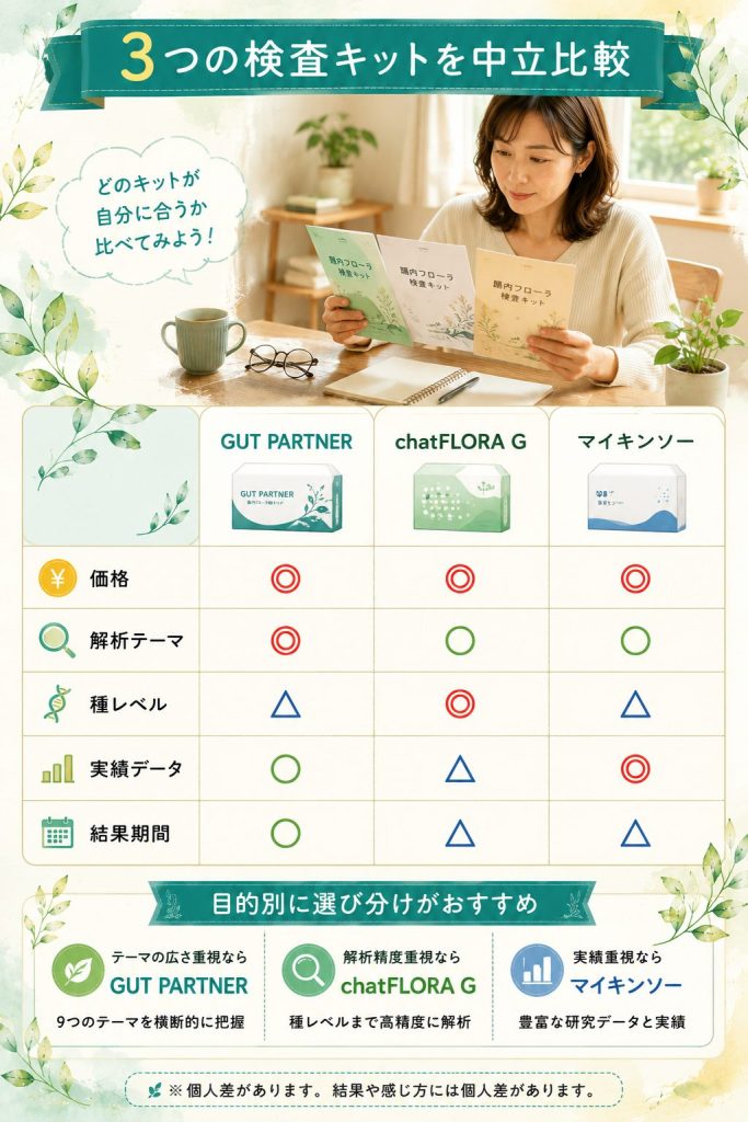 GUT PARTNERとchatFLORA G・マイキンソーを5軸で中立比較した腸内フローラ検査キット比較表