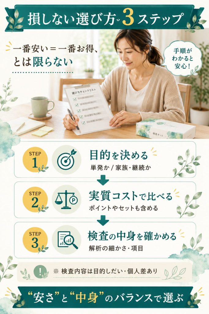 腸内フローラ検査キットを損せず選ぶ3ステップ(目的・実質コスト・検査の中身)を示す図解